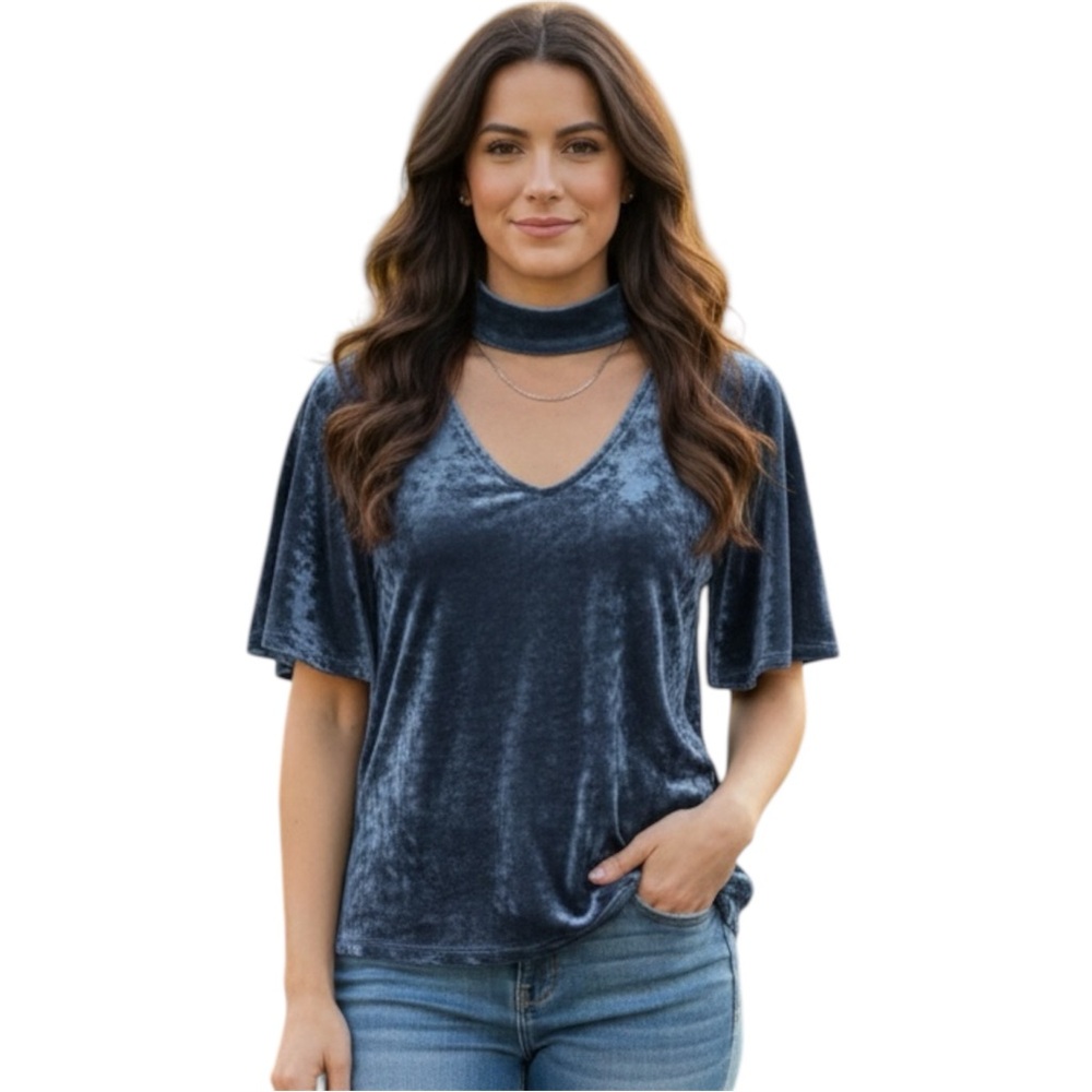 Crushed Velvet Blue Coin 1804 V Neck Choker Style Short Sleeve Top Size Large